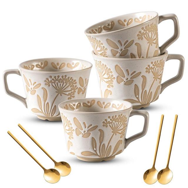 Noevany Coffee Mugs Set of 4 with Gold Spoon, 11 oz Porcelain Mug, Ceramic Tea Cups with Handle for Men Women, Hand-painted Mug, Birthday Housewarming Wedding Gift, Dishwasher Microwave Safe