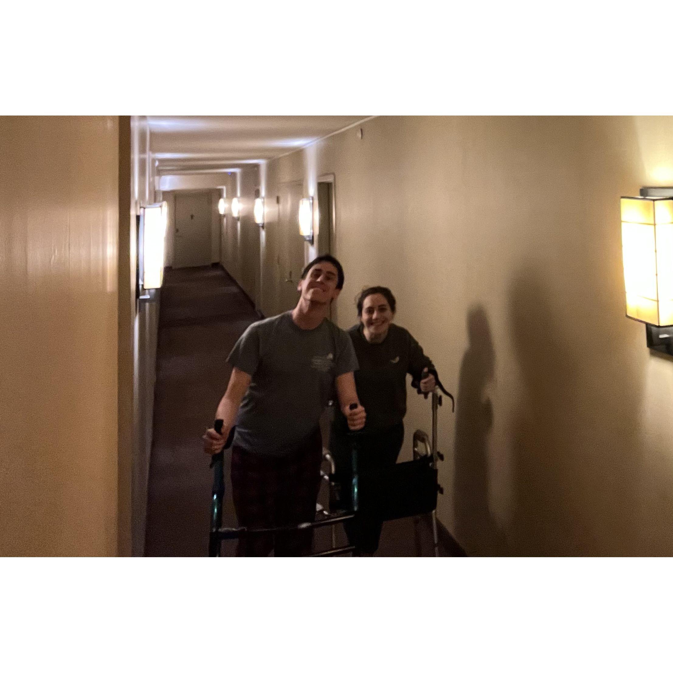 After Ella’s hip surgery, she needed a walker but developed wrist pain so had to try a different model. Alex insisted on racing down the hallway for the ultimate comparison of walker specs