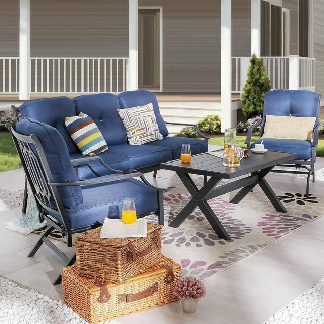 TOP HOME SPACE Patio Conversation Set 4 Pieces Metal Outdoor Furniture Sets Outside 3-Seat Sofa with Rocking Chairs Coffee Table (Blue)