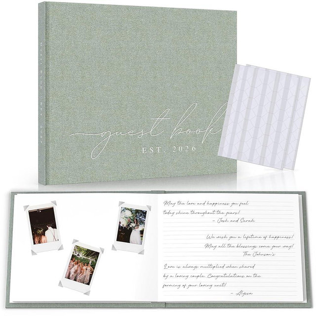 Wedding Guest Book With Personalized 2026 Year - Linen Photo Guestbook to Sign at Reception Party - Includes Clear Photo Corners Self Adhesive - 100 Pages Blank and Lined Thick Paper Guest Books