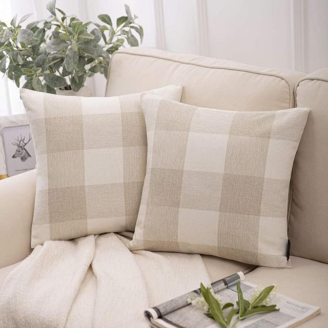 Phantoscope Pack of 2 Buffalo Check Plaid Throw Pillow Covers Farmhouse Plaid Pillow Covers Square Pillow Cases for Christmas Home Decor Off White,18 x 18 Inches