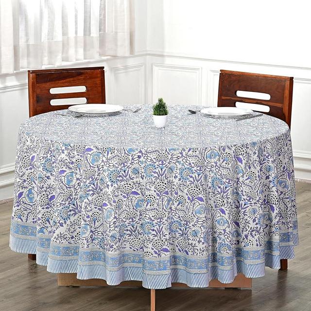 CPC Round Tablecloth- Cotton Indian Block Print Tablecloth -Handmade Printed Washable Cotton Table Cloth - Thanksgiving, Christmas Gift Table Cover - Indigo Blue 110 Inch
