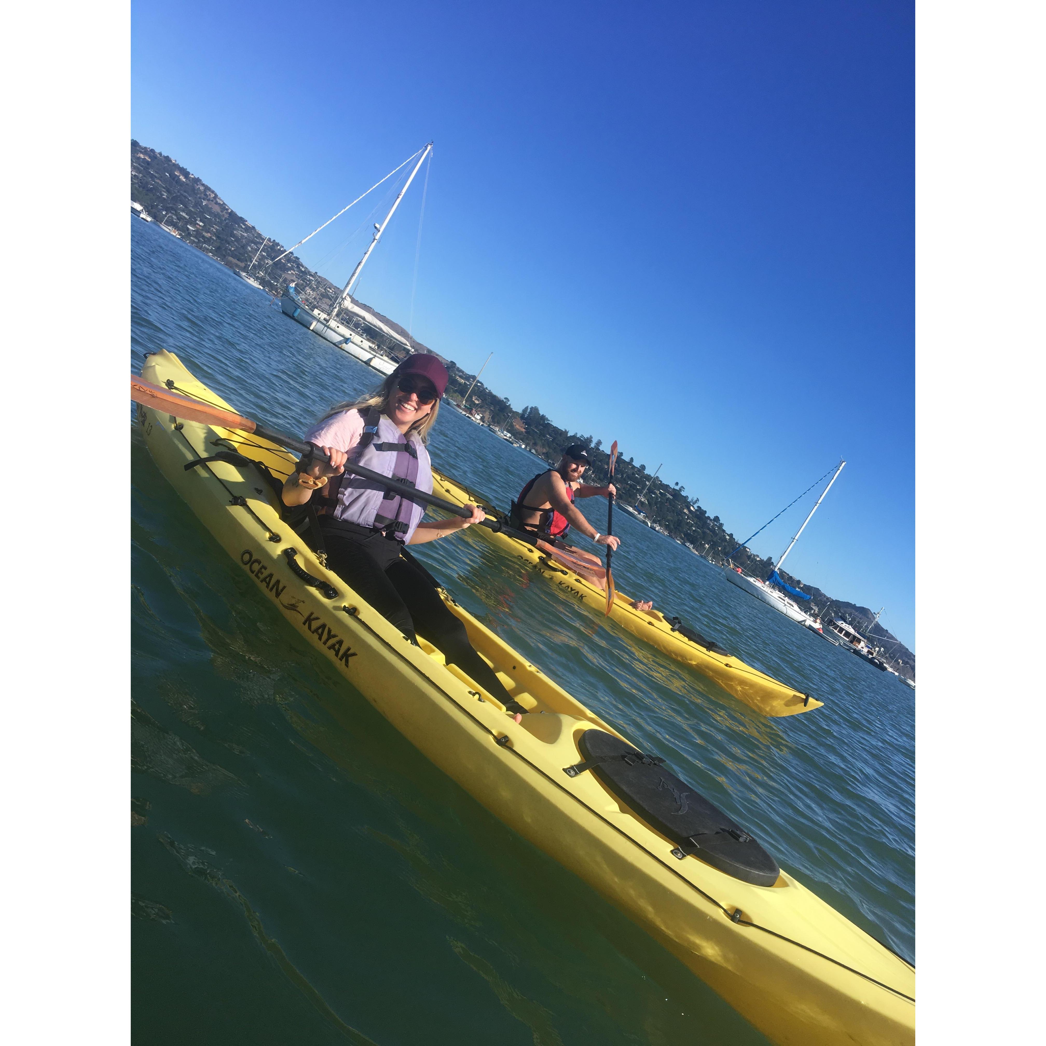 Kayaking in the bay. Surprise...there are a ton of great white sharks. No one told me. They knew I wouldn't go if I did.