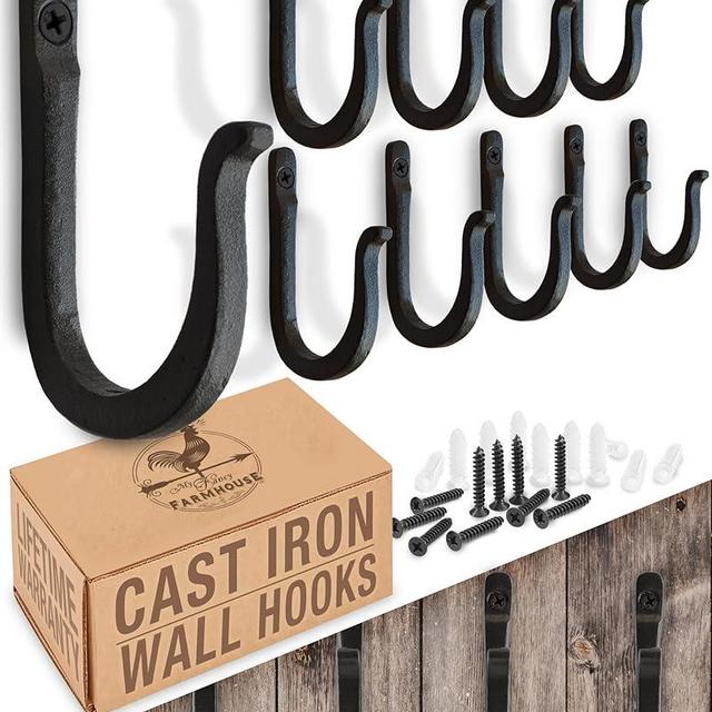 Railroad Spike Cast Iron Hooks (10 Pack) Handmade Blacksmith, Wall Mounted, Farmhouse Decorative Cast Iron Wall Hooks, Vintage Hooks for Hanging Coats, Bags or Pots in Pantry (Black)