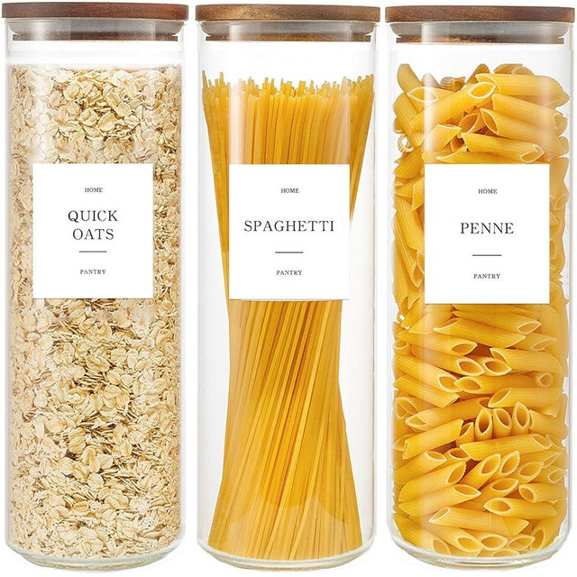 GENSTEUO Set of 3 Glass Pantry Jars with Acacia Wood Lids, 65oz Airtight Pasta Organizers with 105 Labels, Tall Glass Pantry Storage Containers for Cereal, Spaghetti, Pasta Canisters