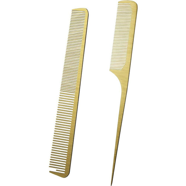 Boao 2 Pcs Metal Rat Tail Combs Stainless Steel Flat Top Barber Combs with Metal Pick for Hair Stylist Women Men Hair Styling Cutting(Gold)
