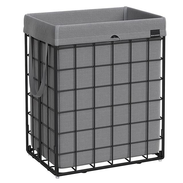 SONGMICS 23.8 Gal. Laundry Basket, Laundry Hamper, Collapsible Clothes Hamper, Removable and Washable Bag, Metal Wire Frame, for Bedroom Bathroom, Black and Gray ULCB190G01