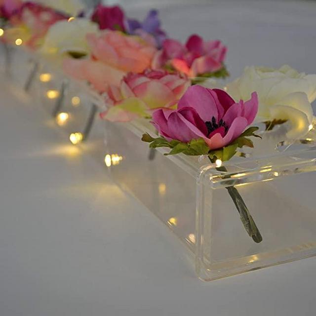 Rectangular Floral Centerpiece for Dining Table - 24 Inches Long Rectangle Vase - Acrylic Modern Vase - Low Laying Unique Flower Vases for Home Decor or Weddings (LED Clear)