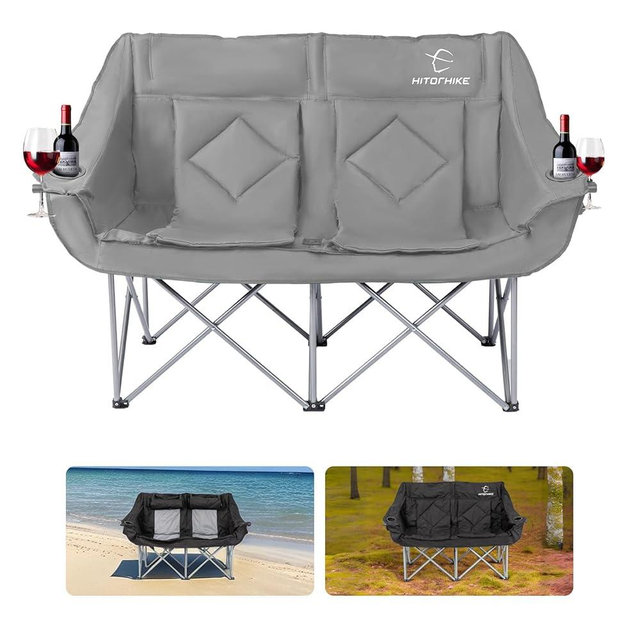 HITORHIKE Double Camping Chair Heavy Duty Oversized Folding Loveseat Camping Chair - Single/Double, All-Season Design with Cup Holder for Camping, Picnic, Beach