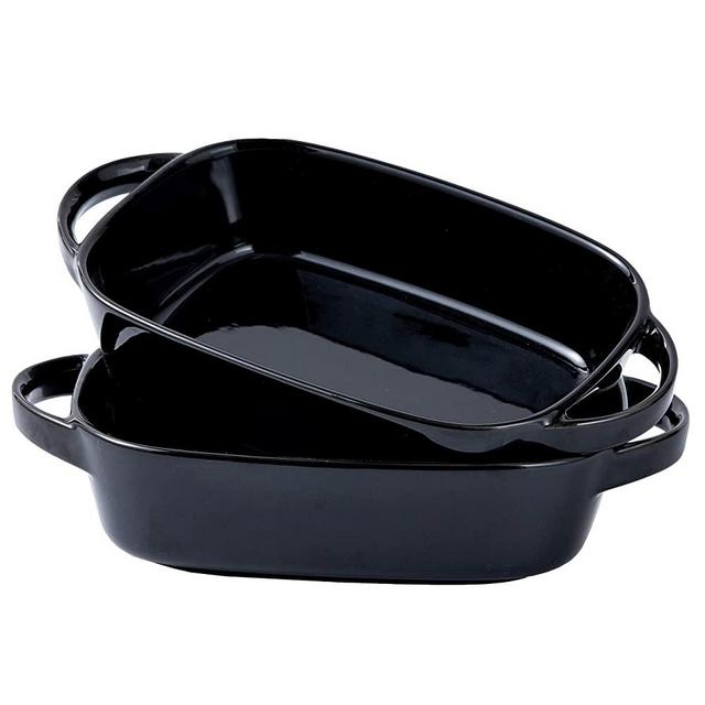 Bruntmor Ceramic 8.5"x6" Baking Dish for Roasting And Lasagna Pan, Oven safe, Set Of 2 Casserole Bakeware with Handle Rectangular Dish, 34 Oz. Black