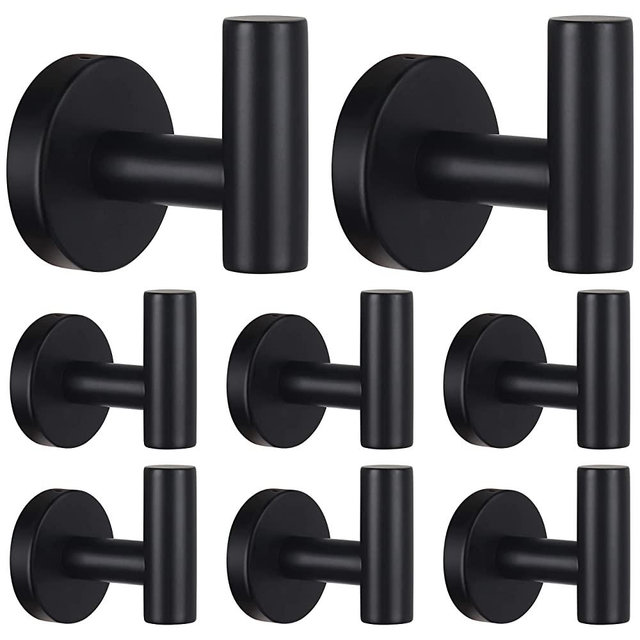 Robe Towel Hooks Coat Hook Bathroom Matte Black Wall Hook Stainless Steel Heavy Duty Door Hanger Towel Robe Clothes Cabinet Closet Sponges Hook for Bathroom Bedroom Kitchen Hotel Pool 8 Packs