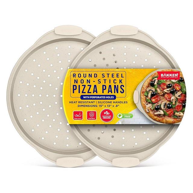 Bakken Pizza Baking Pan - Round Perforated Carbon Steel Pan with Non-Stick Marble Coating, Oversized Silicone Handle, Dishwasher Safe, High-Temperature Resistant, Durable & Easy Cleanup White, 2 Pack