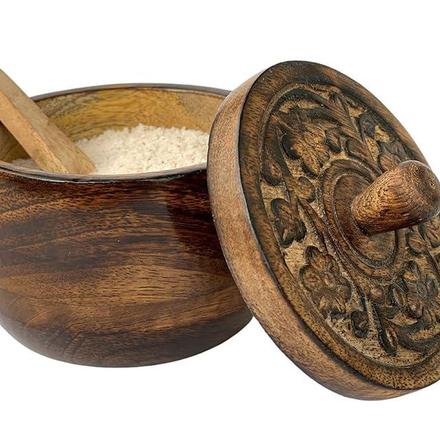 Rustic Salt Box Cellar with Hand Carved Lid & Spoon, Wooden Salt Pinch Bowls | Wood Salt Keeper, Spice Bowls for Cooking | Salt Pepper Tea Sugar Coffee Storage Holder for Kitchen, Mothers Day Gift