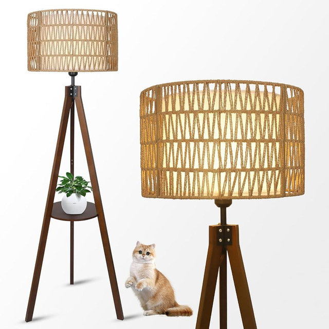 LAMSU Boho Tripod Floor Lamp with Shelves, Mid Century Wood Standing Lamp with Rattan & Fabric Shades, ON/Off Foot Switch, Modern Farmhouse Tall Floor Lamps for Living Room Bedroom Office