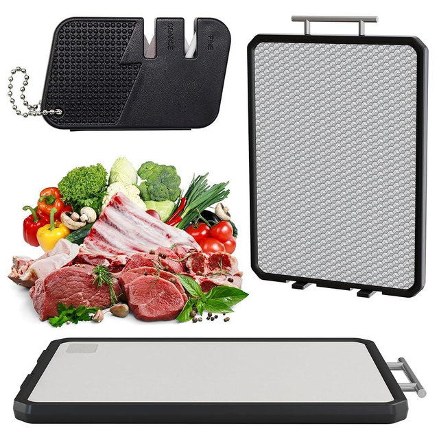 Stainless Steel Cutting Board for Kitchen, Double Sided Stainless Steel & Wheat Straw PP, Non Slip with Juice Groove, Anti-Scratch, Large Chopping Board for Kitchen (Solid Surface)