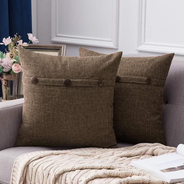 MIULEE Set of 2 Decorative Linen Throw Pillow Covers Cushion Case Triple Button Vintage Farmhouse Pillowcase for Couch Sofa Bed 18 x 18 Inch 45 x 45 cm Chocolate