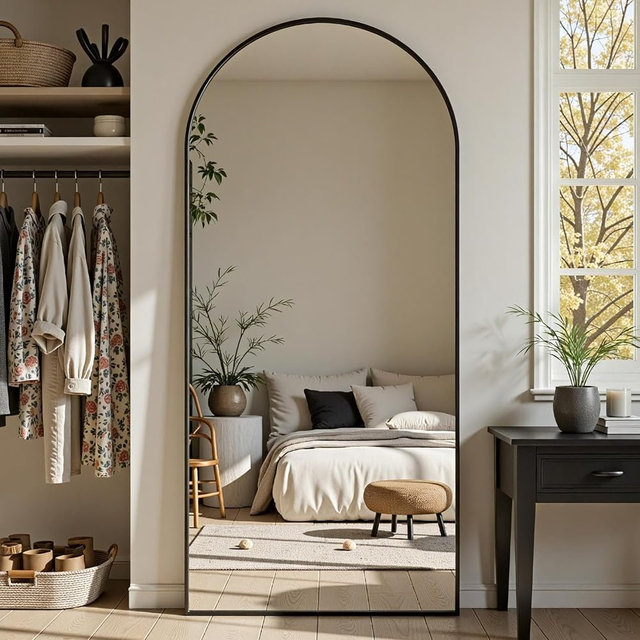 Furnbar Full Length Mirror, 72"x32" Arched Full Body Mirror, Oversized Floor Mirrors, Leaning Free Standing Mirrors, Hanging Mounted Large Mirrors for Bedroom Dressing Room, Cloakroom, Black