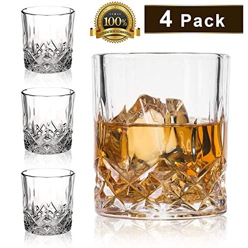 Crystal Whiskey Glasses-Premium 11 OZ Scotch Glasses Set of 4 /Old Fashioned Whiskey Glasses/Gift for Scotch Lovers/Style Glassware for Bourbon/Rum glasses/Bar Tumbler Whiskey Glasses, Clear