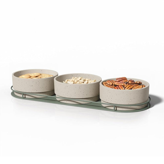 Libken Dip Serving Tray - Snack Platter Round - Ceramic Serving Tray - Chip & Dip Sets with 7 Stackable 3oz Bowls and 1x14 oz Bowl - Dishwasher, Microwave and Oven Safe (Green)