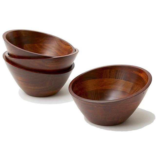 Woodard & Charles Set of 4 Individual Wood Serving Bowls for Salad, Snack, Fruit, Chips, or Candy, 7" x 3 1/4", Cherry Stain