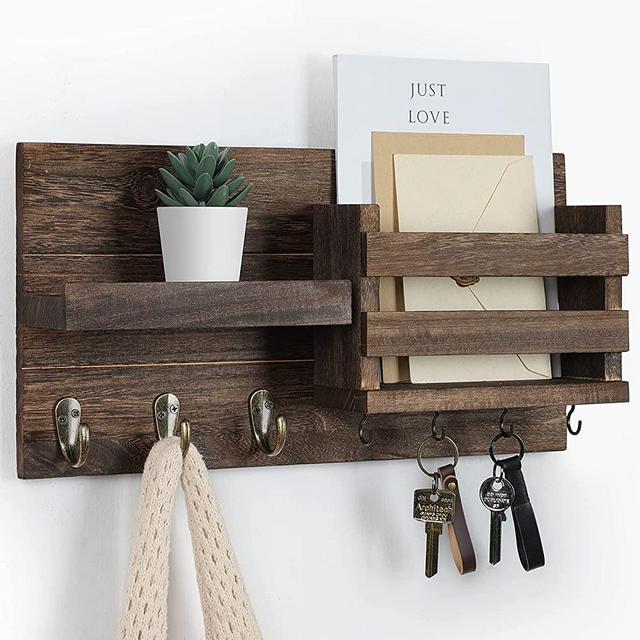 Lwenki Mail Organizer for Wall Mount – Black Key Holder with Shelf Includes Letter Holder and Hooks for Coats, Dog Leashes – Rustic Wood with Flush Mounting Hardware (16.5” x 8.7” x 3.5”) (Brown)
