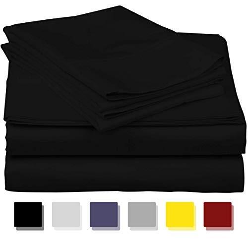 True Luxury 1000-Thread-Count 100% Egyptian Cotton Bed Sheets, 4-Pc Queen Black Sheet Set, Single Ply Long-Staple Yarns, Sateen Weave, Fits Mattress Upto 18'' Deep Pocket