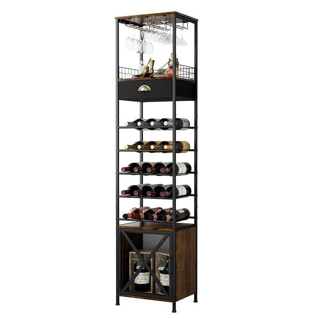 EYOCAL Freestanding Wine Rack Bar Cabinet, Liquor Storage Shelf with Glass Holder Drawer and Door for Living Room, Home Bar and Dining Room