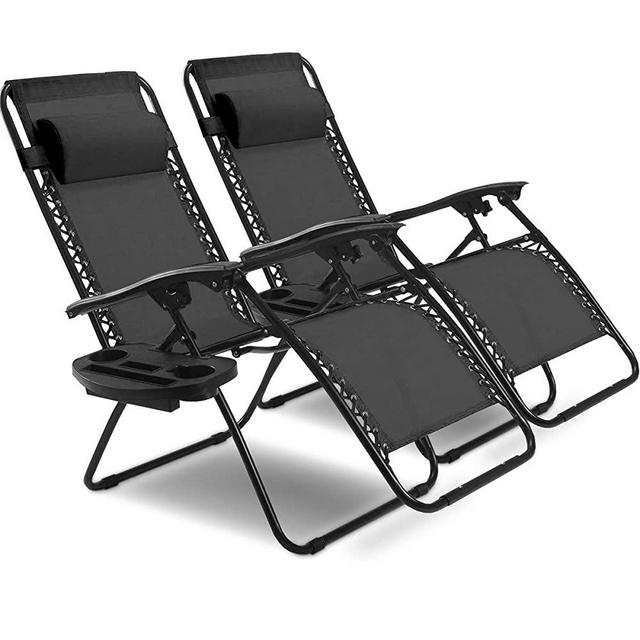 Goplus 2PC Zero Gravity Chairs Lounge Patio Folding Recliner Outdoor Yard Beach with Cup Holder (Black)