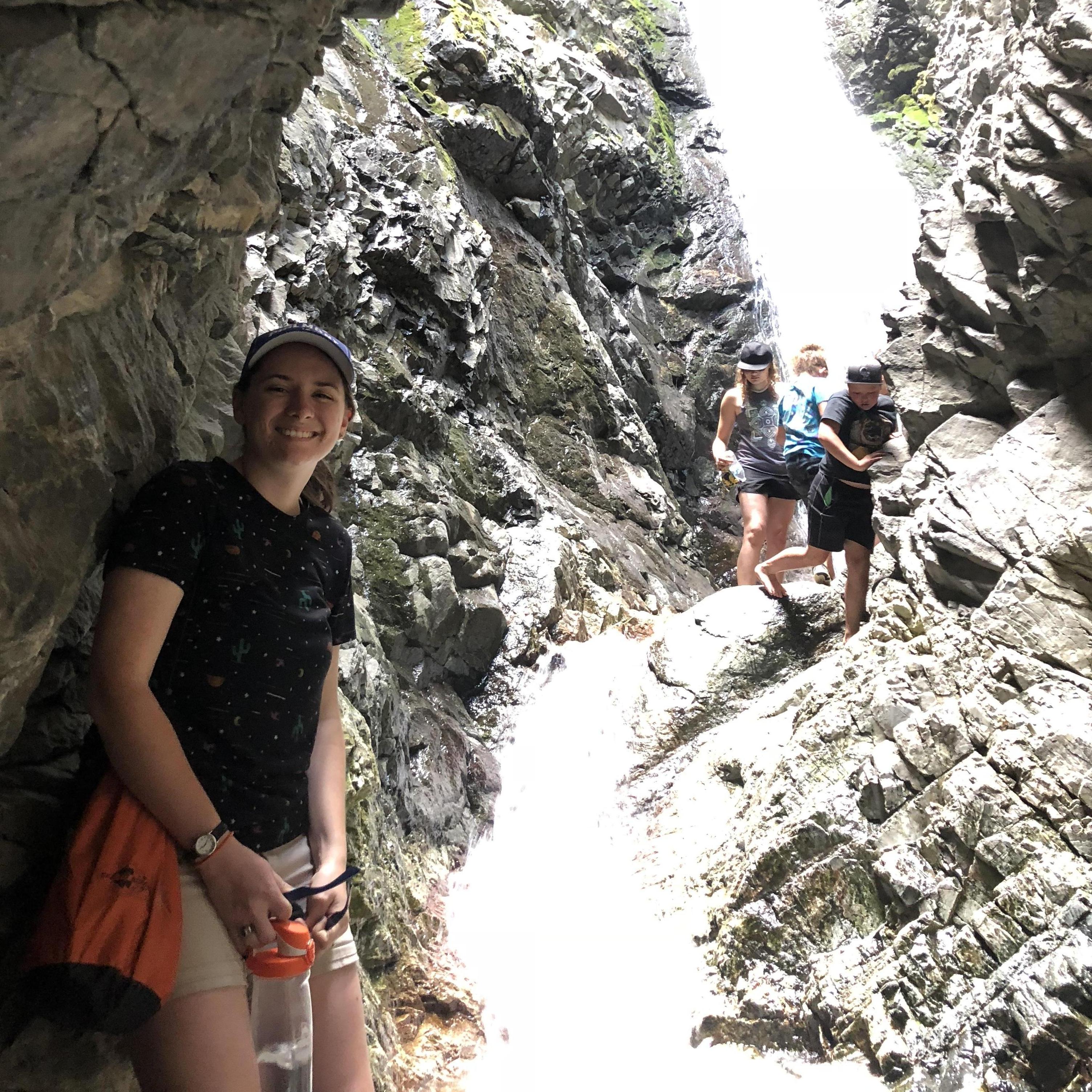 Exploring Zapata Falls shortly before Michael proposed, little did Judy know she was actually carrying the ring in the orange waterproof bag! (June 2018)