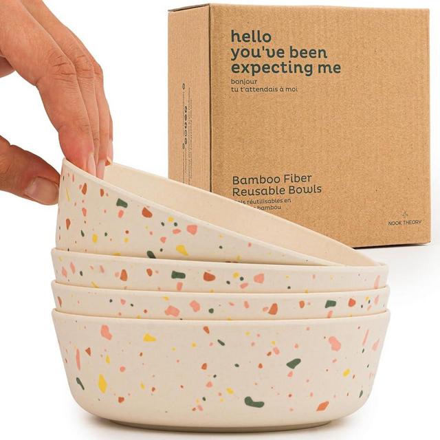 Nook Theory 4 Pack Bamboo Bowls - Alternative to Plastic Bowls, 18 Oz Bamboo Bowls Reusable, Kids Bowls, Shatterproof Bowls, Food-Grade, Dishwasher Safe - Bamboo Dishes (Celebration)