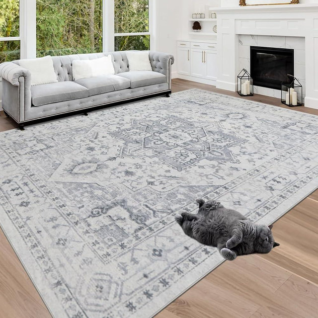 Srugn Area Rug 8x10 Washable Area Rugs for Living Room- Ultra Soft Non-Shedding Faux Wool Bedroom Rug Large Grey Vintage Print Rugs with Non Slip Rubber- Indoor Retro Foldable Carpet for Dining Room