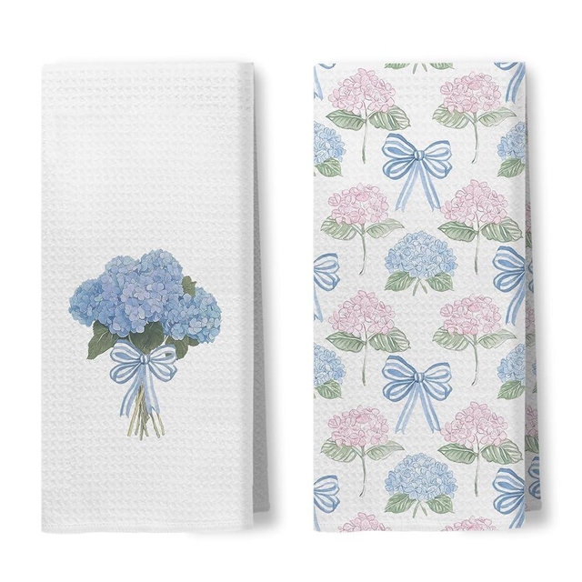 Foritho Coquette Bow Hydrangea Floral Kitchen Towels, Pink and Blue Hydrangea Flower Hand Towels for Bathroom, Spring Floral Dish Tea Towel for Kitchen Decor, 16x24 Inch Set of 2