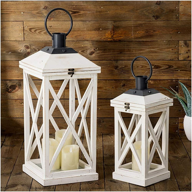 Glitzhome Mondern Farmhouse Wooden Lantern Hanging Decorative Candle Lantern for Outdoor & Indoor Wash White Set of 2 (No Glass)