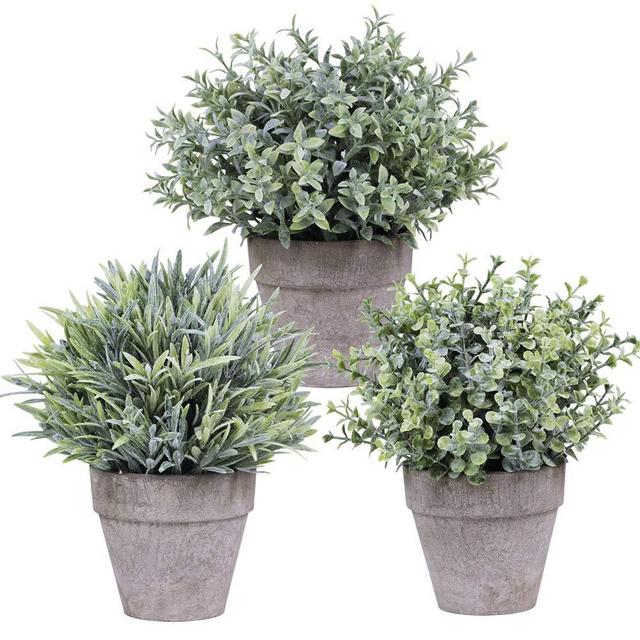 Set of 3 Artificial Mini Potted Plants Assorted Flocked Eucalyptus Grey Green Grass Greenery in Pots Small Houseplants for Indoor Kitchen Dining Room Office Tabletop Centerpiece Decorations 8.7" Tall