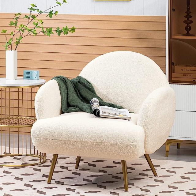 AISALL Accent Chair Modern Teddy Comfy Chair with Golden Metal Legs Lounge Chair Living Room Bedroom Reading Armchair White
