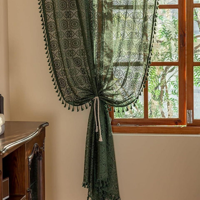 YJ YANJUN Vintage Green 54 inch Curtains 2 Panels Boho Floral Short Crochet Curtains for Basement Bedroom Bathroom Half Small Window Bohemian Christmas Kitchen Curtain Panels W59 x L54 Dark Green