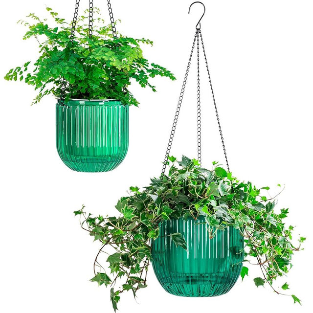 Melphoe 2 Pack Self Watering Hanging Planters Indoor Flower Pots, 5.3/8.3 Inch Outdoor Hanging Basket, Plant Hanger with 3Hooks Drainage Holes for Garden Home (Emerald)
