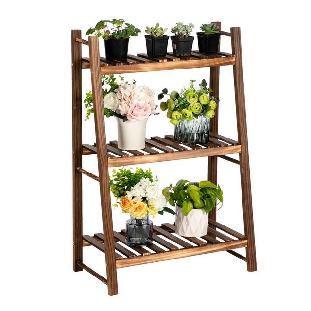 Knocbel 3-Tier Plant Stand Flower Pots Display Rack Indoor & Outdoor Carbonized Pine Wood Multiple Potted Plant Storage Shelf, 23.6" L x 12.2" W x 33.5" H (Brown)