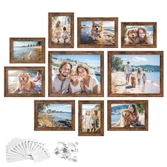 SONGMICS Picture Frames with 16 Mats, Set of 10, Collage Photo Frames with Two 8x10, Four 5x7, Four 4x6 Frames, Hanging or Tabletop Display, MDF and Glass, 12 Non-Trace Nails, Rustic Brown URPF049X01