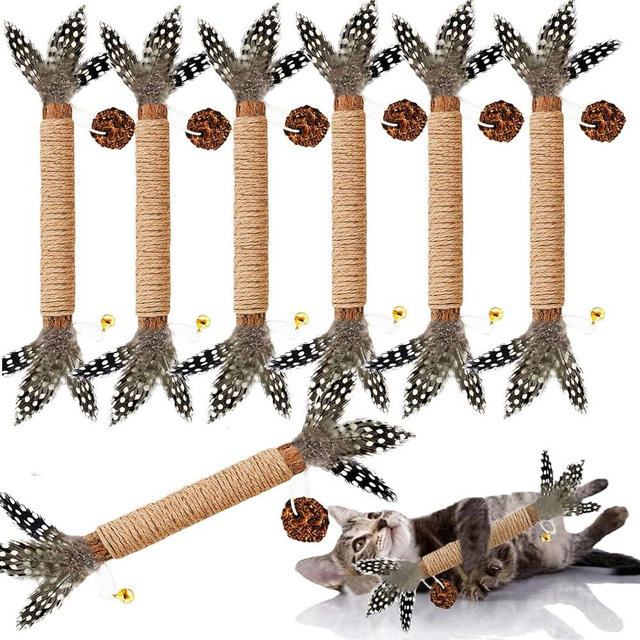 GREMBEB Cat Toys, 7 Pack Silvervine Cat Feather Toy Kitten Chew Stick Catnip Treat with Bell for Cleaning Teeth Indoor Kitty Teaser Wand Molar Snack for Interactive Pet Rabbit Bunny Hamster