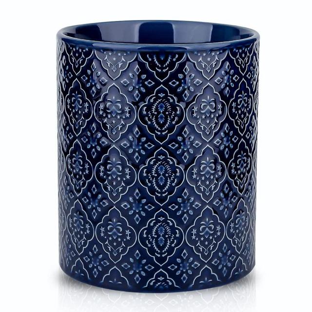 KOOV Kitchen Utensil Holder, Large Utensil Holders for Countertop, 6 x 7 Inches Ceramic Utensil Crock, Deep and Stable, Cooking Utensil Holder, Embossed Pattern (BLue)