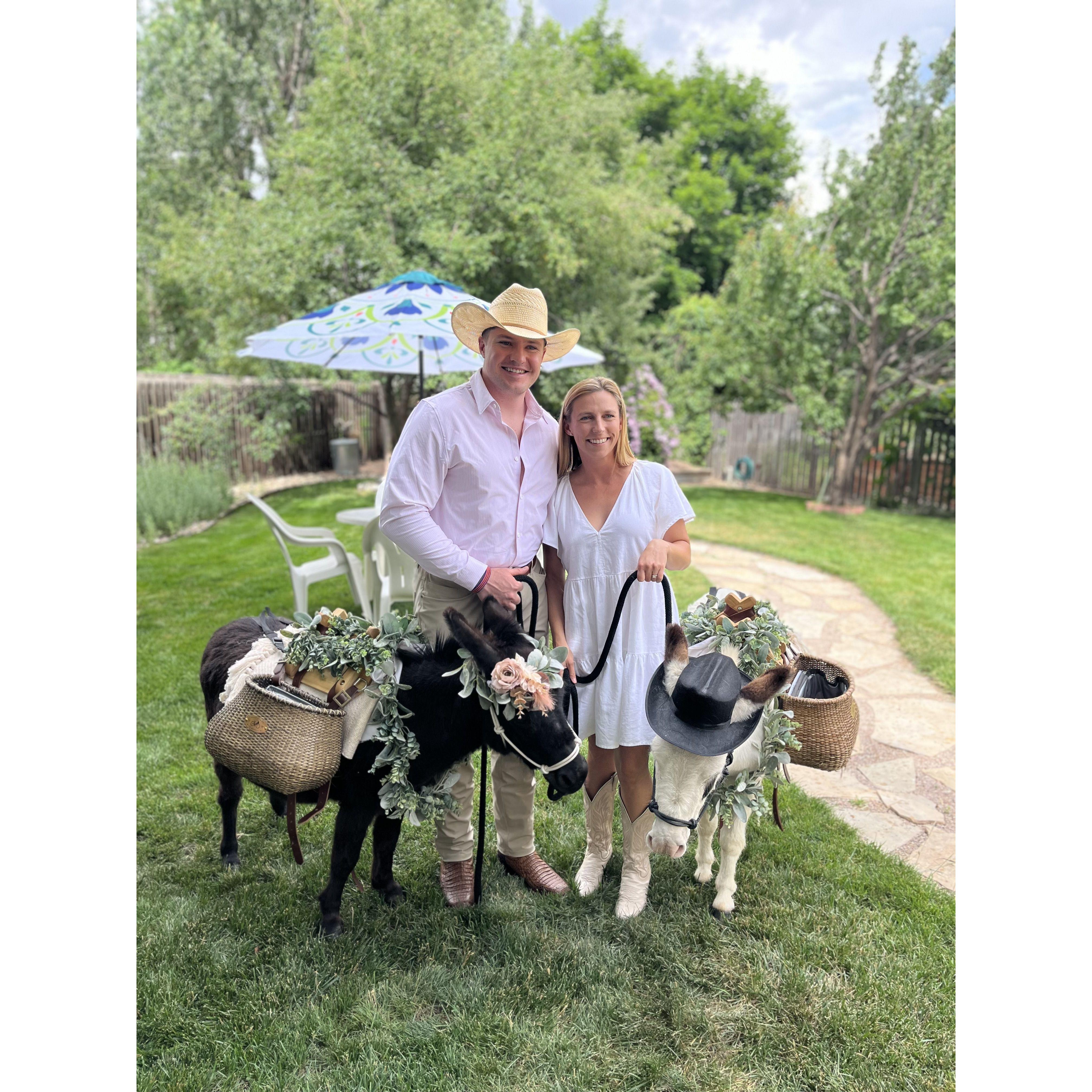 Johanna has always wanted an excuse for beverage burros. Will's final surprise of engagement weekend was arranging for mini donkies Pearl and Paisley to join the party.