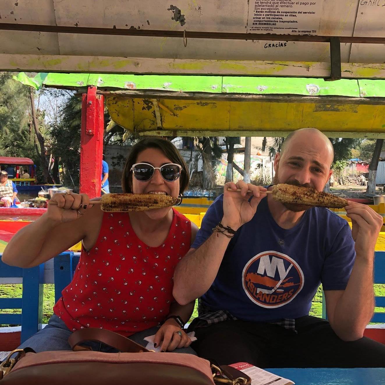 Enjoying some elote on the Xochimilco canals in Mexico City, 2019