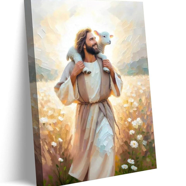 Jesus Carrying the Lamb Canvas Wall Art Christian Religious Wall Decor picture Jesus With the Lamb Poster printed painting for Christian Church Home Bedroom living room Decor Ready to Hang 12x16in