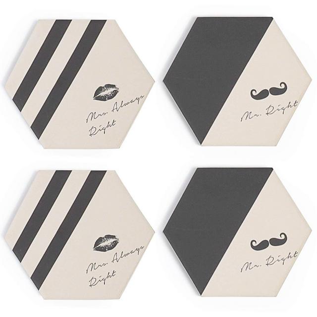Sweese Absorbent Stone Coaster for Drinks - Hexagon Ceramic Drink Spills Coasters Mat with Cork Base, Prevent Table from Dirty and Scratched, Mr and Mrs Designs, for Lover, Couple, 4 Pack