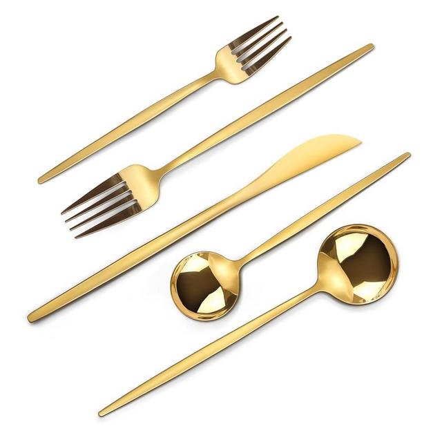 KOUSKOU Mirror Gold Silverware Set, 40-Piece Flatware Cutlery Sets Service for 8, Mirror Polished Tableware Set, Utensils for Kitchens, Home and Restaurant, Dishwasher Safe