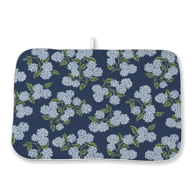 Navy Blue Dish Drying Mat 18x24 Inch Blue Green Vintage Floral Hydrangea Flower Drying Mat Spring Summer Seasonal Absorbent Dish Drying Pad Dish Rack Drainer Mats for Kitchen Dining Counter