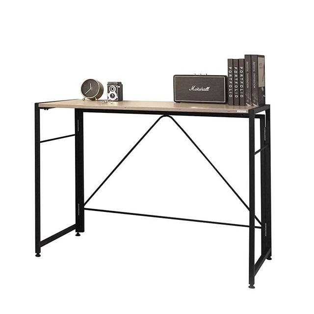 SOFSYS Modern Folding Computer Writing Desk for Small Space, Gaming, and Home Office Organization, Foldable Industrial Metal Frame with Sturdy Desktop for Students or Small Business, Oak/Black