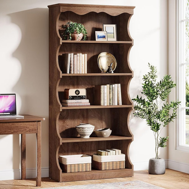 Tribesigns 70-Inch Tall Bookcase, 5-Tier Open Bookshelf with Unique Curved-Edge Design, Wooden Vintage Free-Standing Display Shelves with Storage for Living Room, Home Office, Bedroom