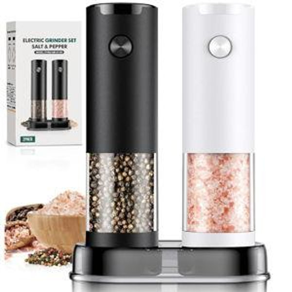 Electric Salt and Pepper Grinder Set Automatic Battery Pepper Mill Shakers Adjustable Coarseness Easy Filling Upgraded Larger Capacity with Led (2 Pack Black/White）